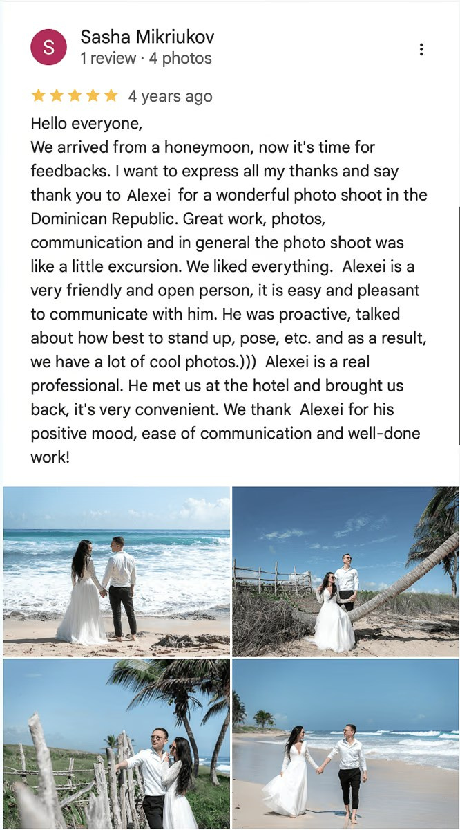Client review about a Punta Cana beach photoshoot