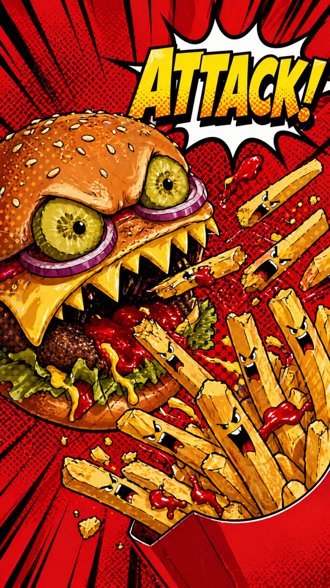 Illustration of a burger monster attacking a scared French fries, red background with an explosion effect, retro comic style.