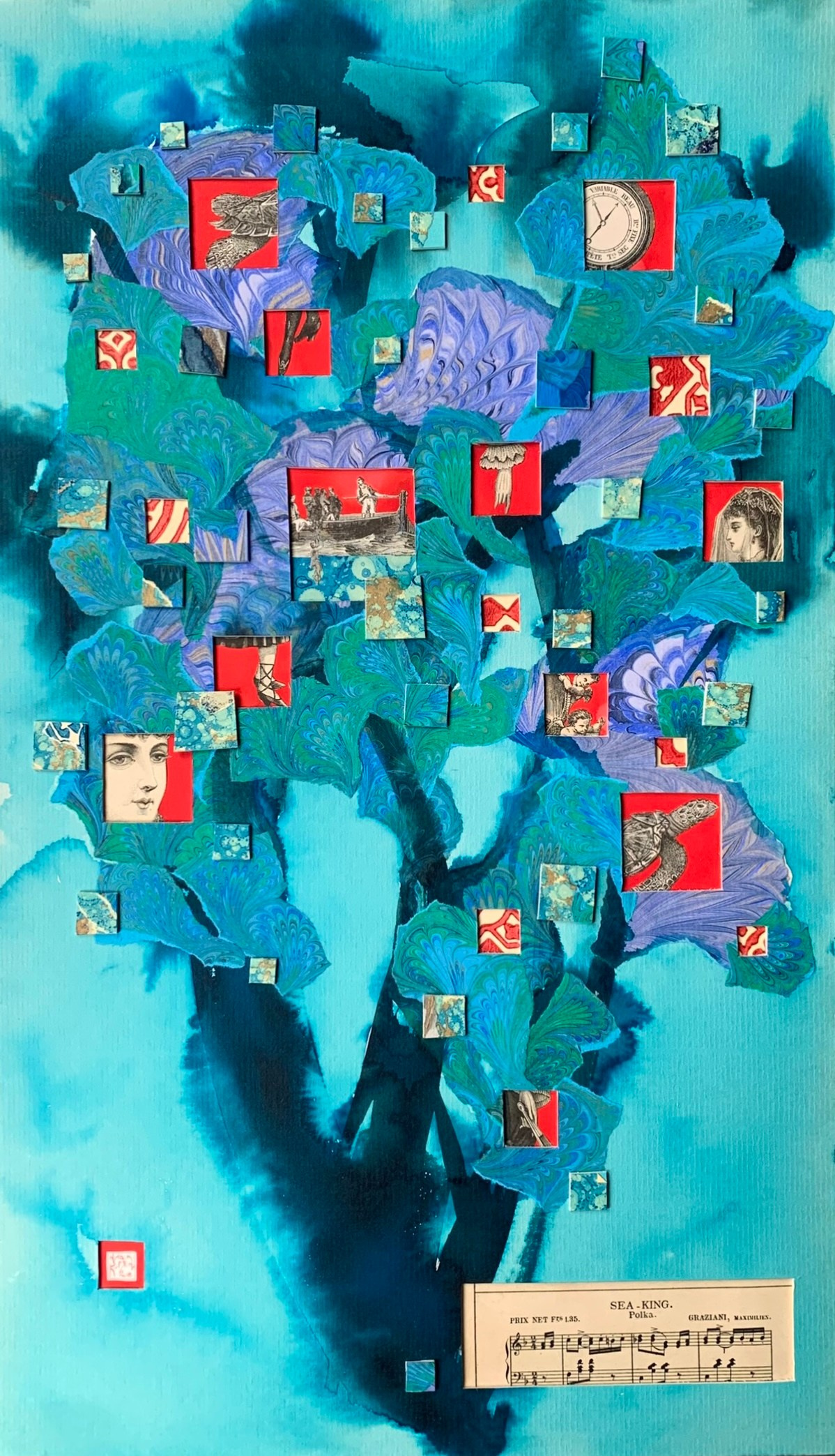 Collage artwork art collection series trees nature in red blue paperart paper handmade fashion music score sea king 