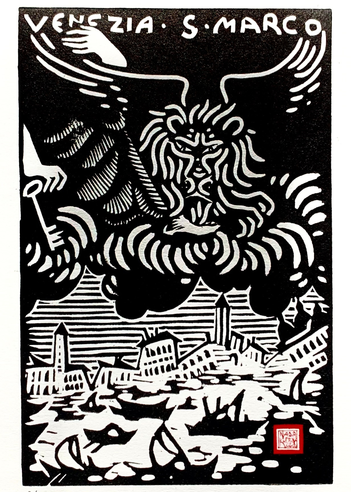 Stampa d’arte, linoleografia, cartolina, a mano, edizione limitata, grafica d’autore, grafica d’arte, leone alato, San Marco, Venezia