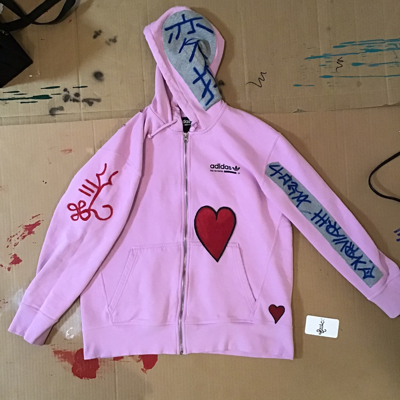 Airbrushed Toga Himiko w Pink Hair on Pink Adidas hoodie. FRONT
