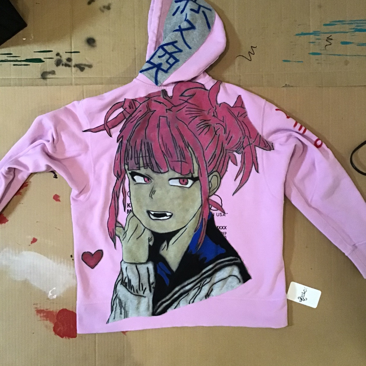 Airbrushed Toga Himiko w Pink Hair on Pink Adidas hoodie. BACK
