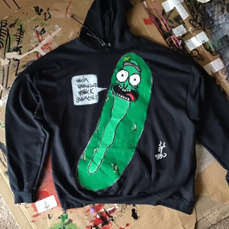 Airbrushed & Acrylic Paint “I’m Pickle Rick Bitch” Hoodie. FRONT