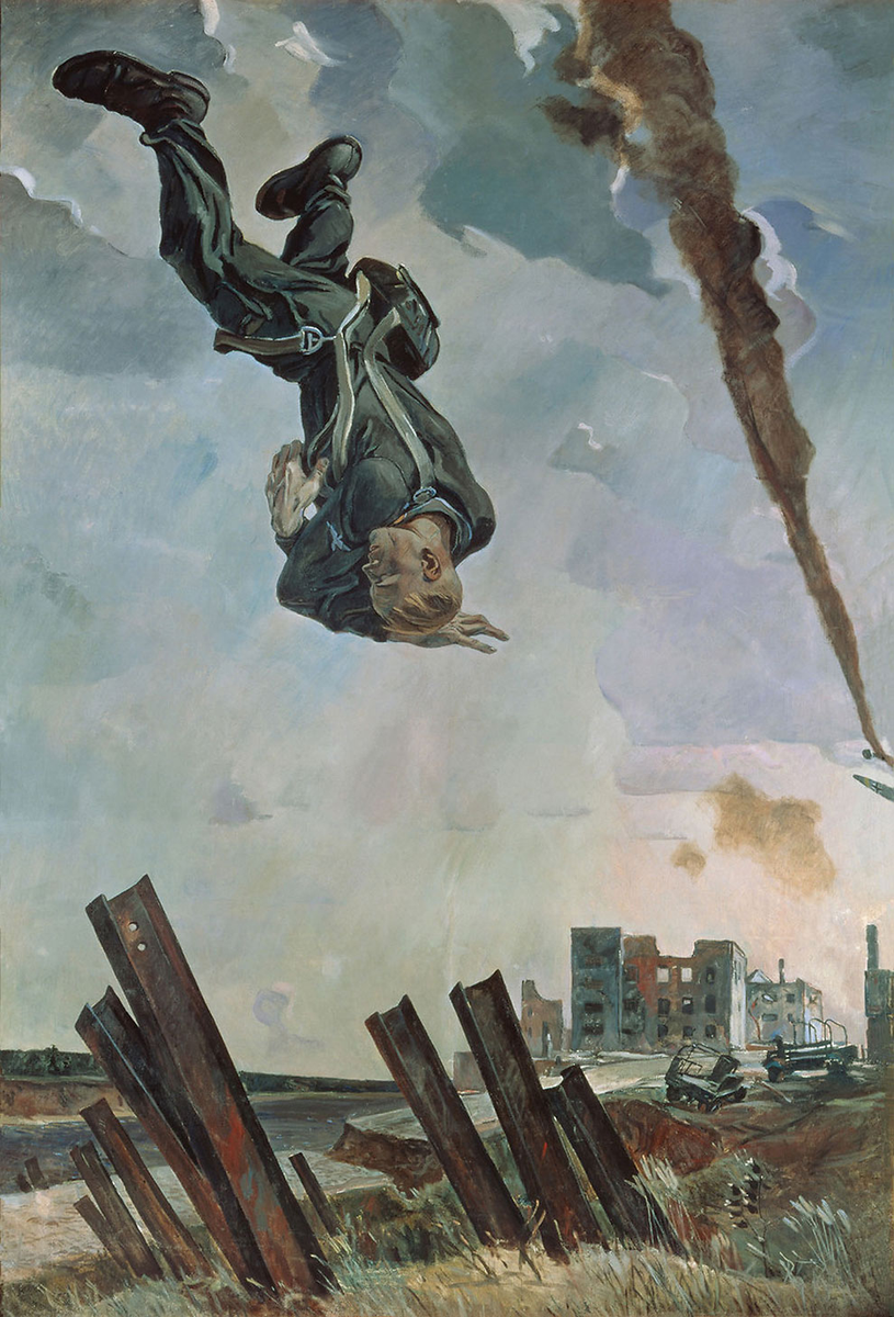 Александр Дейнека, «Сбитый ас», 1943. Падающий вниз головой немецкий лётчик на фоне горящего города и противотанковых ежей. Мощная военная картина соцреализма. Третьяковская галерея.