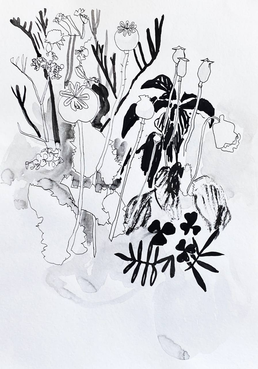 'Memory-Map', Mozyr, August 2023. 7 ink drawings 30 x 40 cm made during my trip to a place where I spent my summer holidays as a child. All the drawings were made from life in places important to my memories: on the river bank, in the garden, in ravines, in the forest. Each drawing is my portal to that place. 