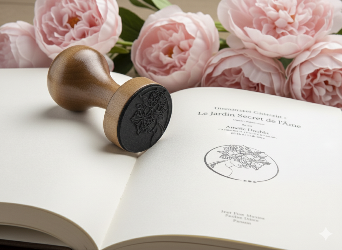 Tampon personnalisé et logo sur mesure pour écrivaine, reflétant son univers intérieur, son style, ses préférences et renforçant la reconnaissance de sa marque personnelle.