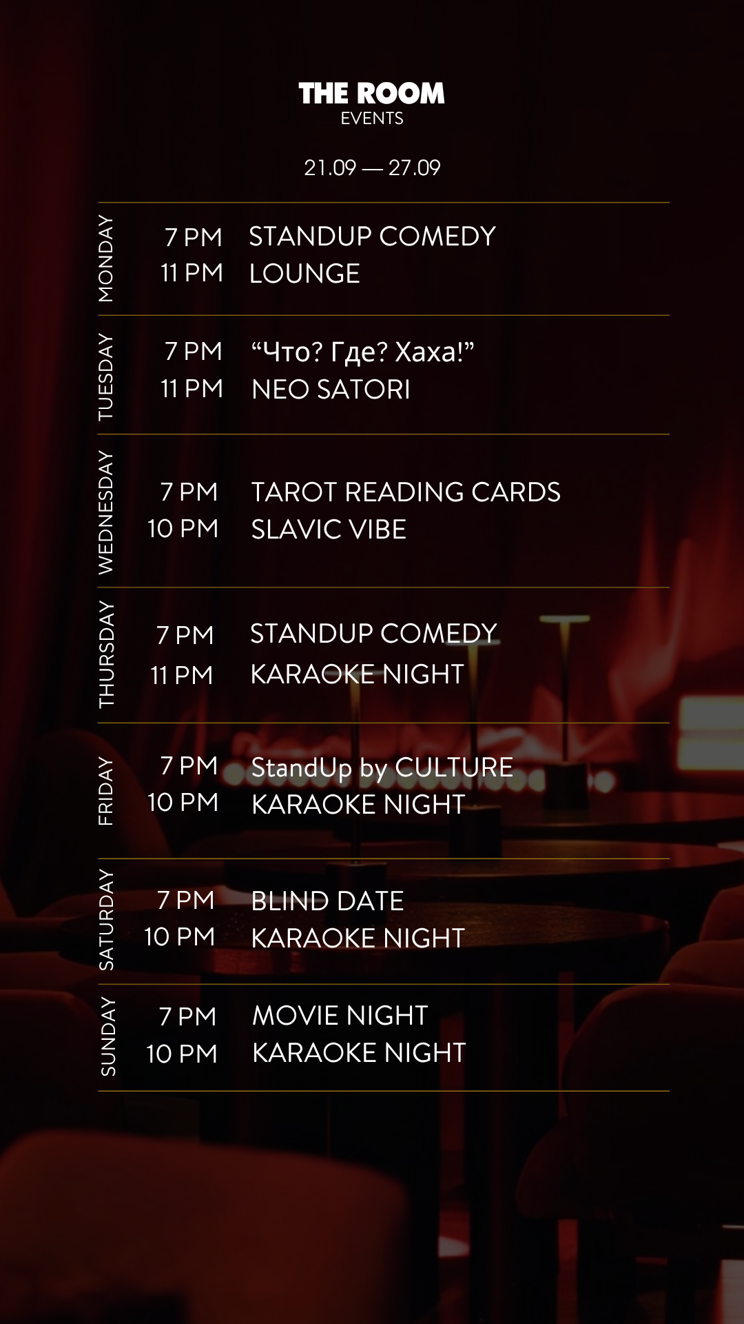 EVENTS. THE ROOM BAR