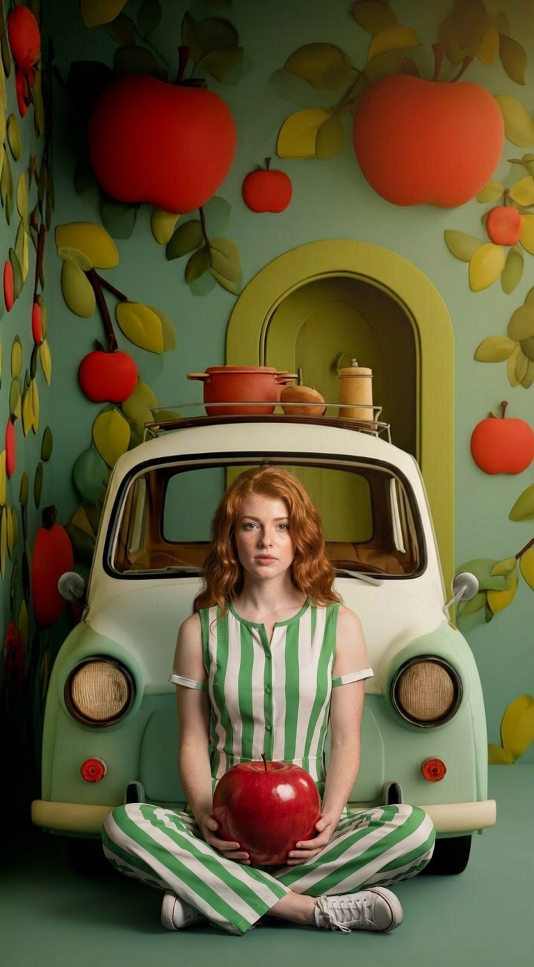 red-haired woman in green striped outfit holding large apple sitting in front of retro car in colorful conceptual studio scene