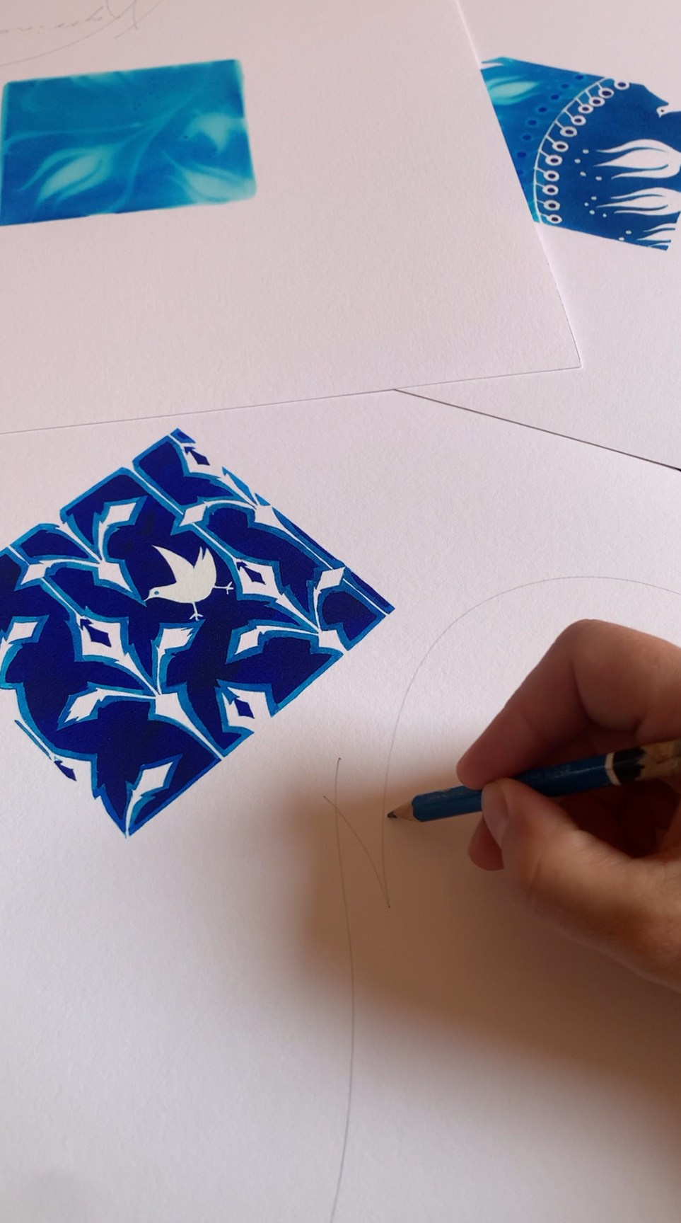 Decorative digital print in blue and white, floral image inspired by artistic ceramics and Nordic modernism, designed for elegant and contemporary interiors. Artist signing her fine art prints.