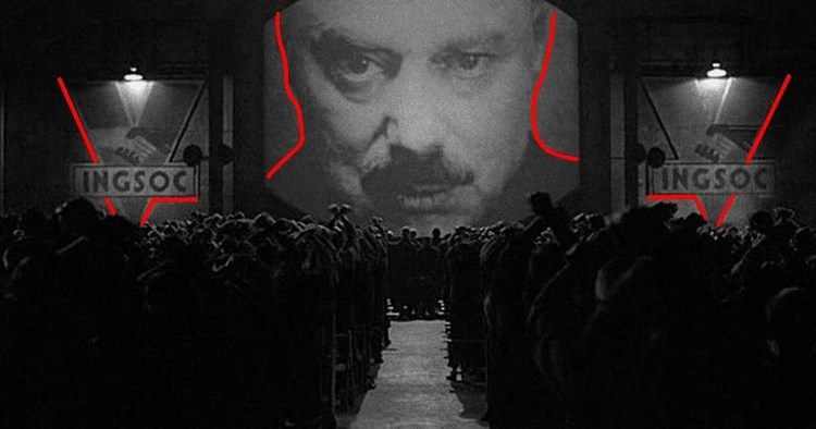 Постер фильма «1984» 1984, реж. Майкл Рэдфорд: Джон Хёрт в роли Уинстона Смита, серое лицо, глаз Большого Брата, надпись «Big Brother is watching you 