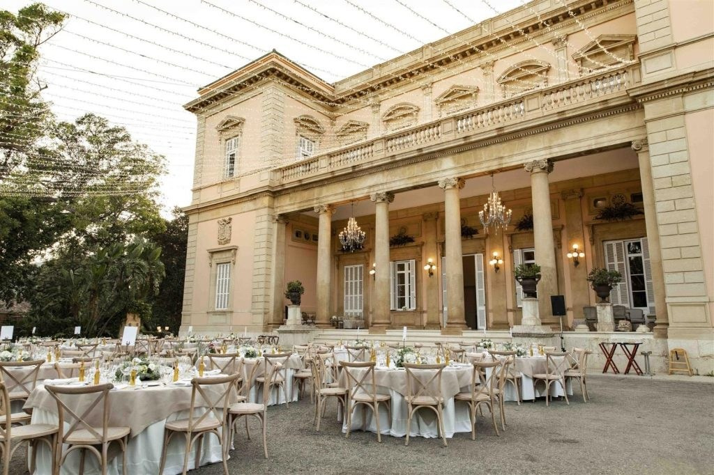 Wedding venue, a castle with wedding tables outdoor