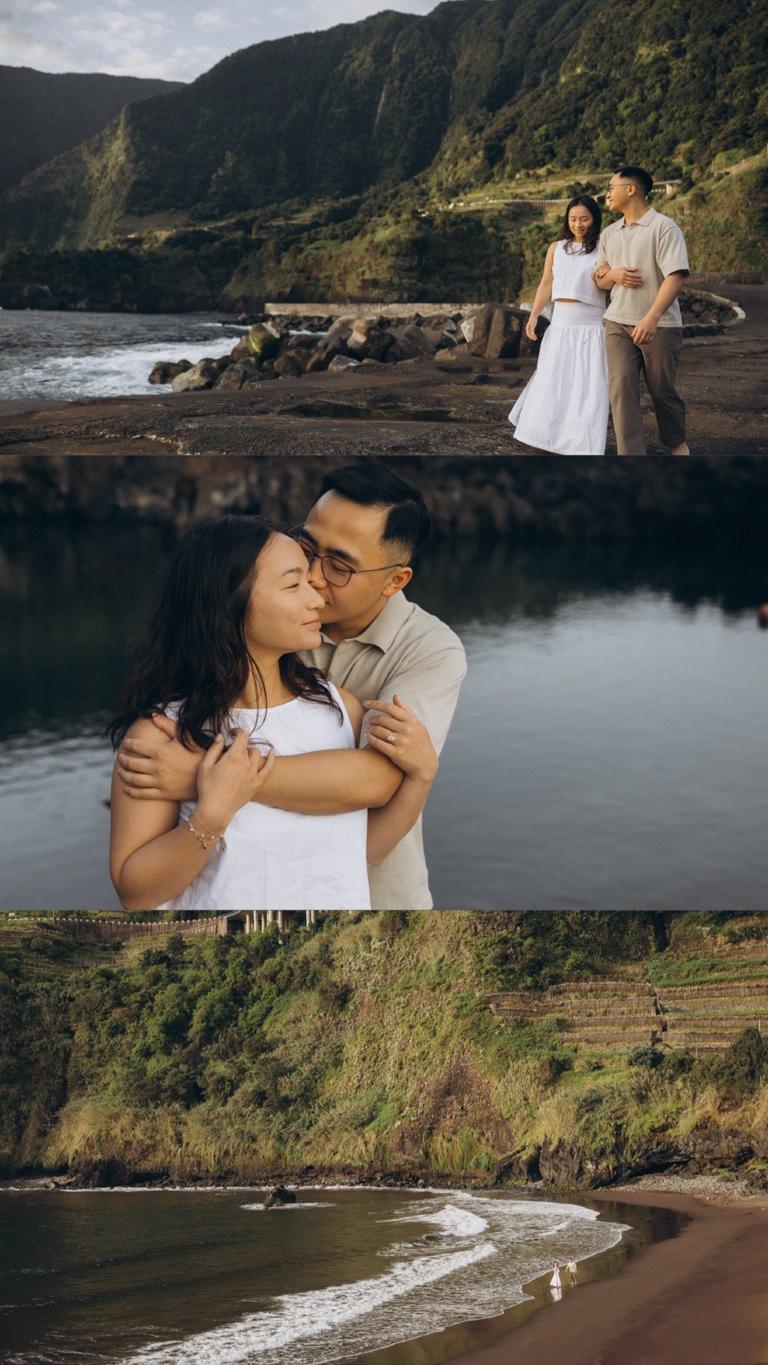 Love story photoshoot at Seixal Beach, Madeira — romantic couple on black sand beach.