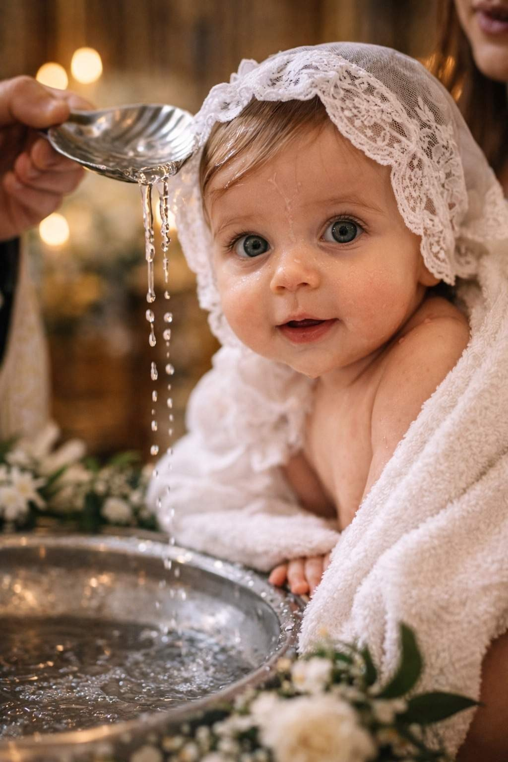 newborn baby girl baptism portrait soft light church