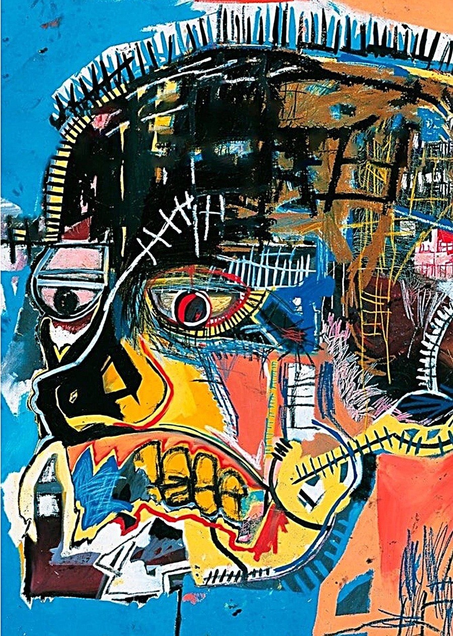 Jean-Michel Basquiat’s Untitled (Skull) (1981) stands as a compelling exploration of identity, mortality, and inner turmoil, rendered through his signature neo-expressionist style.​ The painting presents a fragmented, X-ray-like depiction of a human head, often mistaken for a skull. Basquiat employs acrylic and oilstick on canvas to create a vibrant yet chaotic image, combining expressive lines, vivid colors, and layered textures. The head appears both exposed and enclosed, with visible teeth and hollow eyes, evoking a sense of vulnerability and introspection