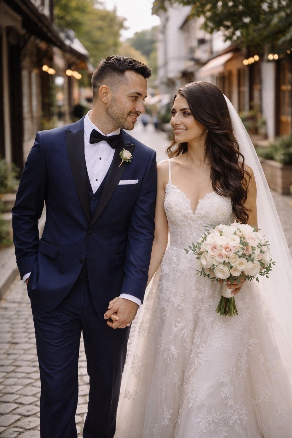 Wedding photoshoot in Plovdiv – bride and groom walking in the Old Town