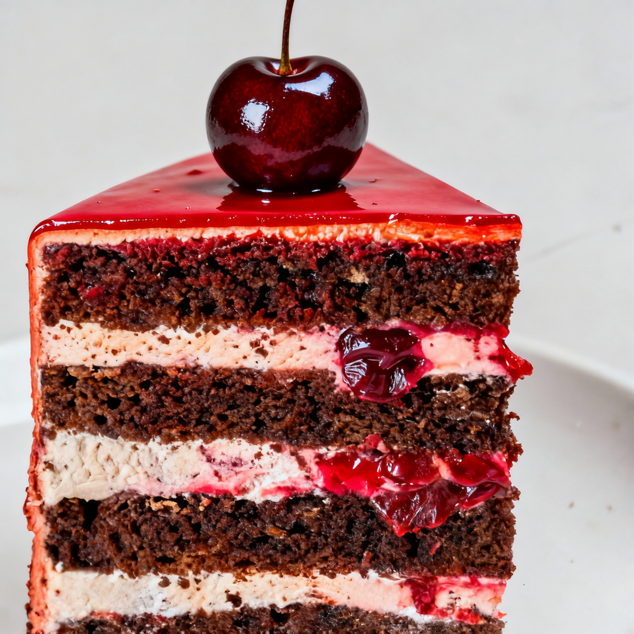 Chocolate cherry layer cake cross section with mirror glaze, cream layers and cherry filling, macro studio food photography