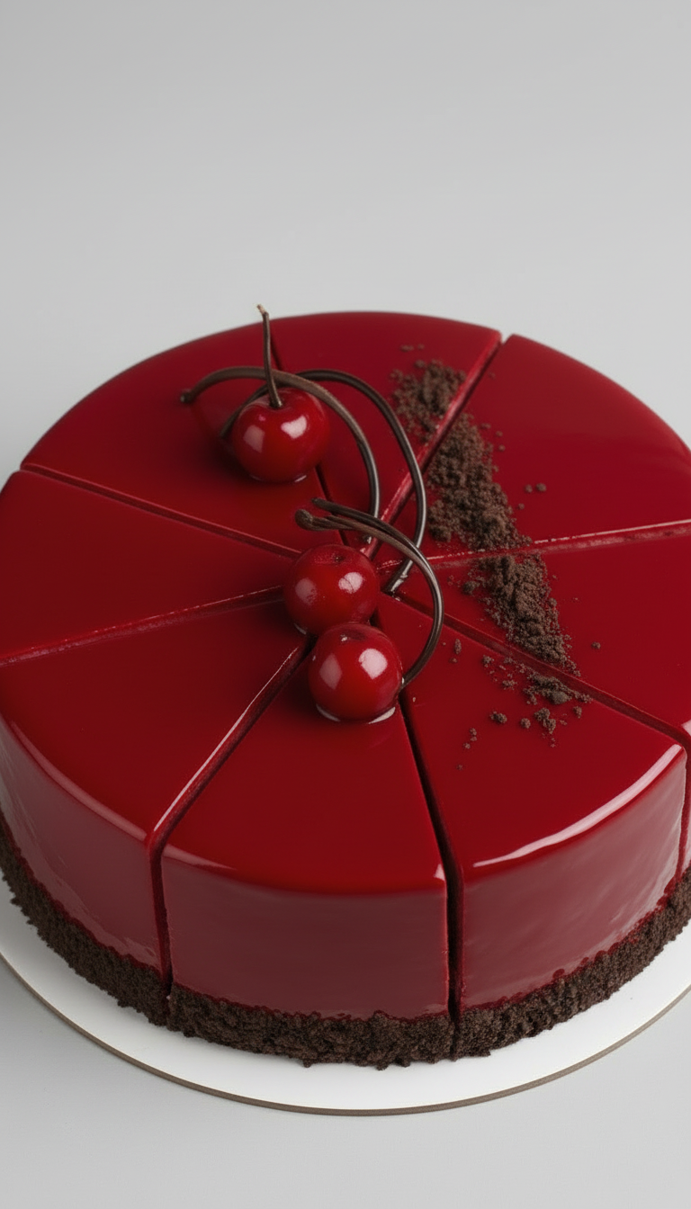 Chocolate cherry mirror glaze cake sliced into portions with cherries and chocolate decoration, minimalist studio food photography
