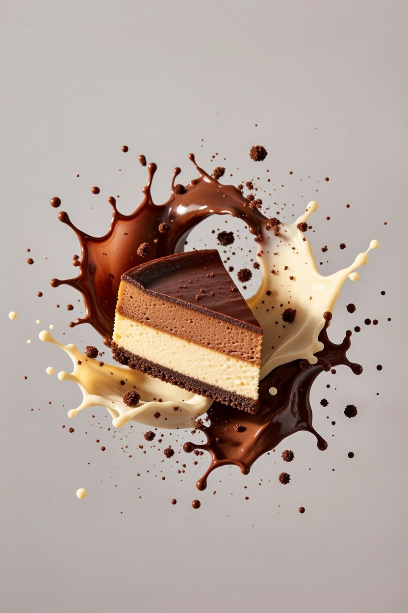 Chocolate mousse cake slice with milk and dark chocolate splashes, creative studio food photography freeze motion