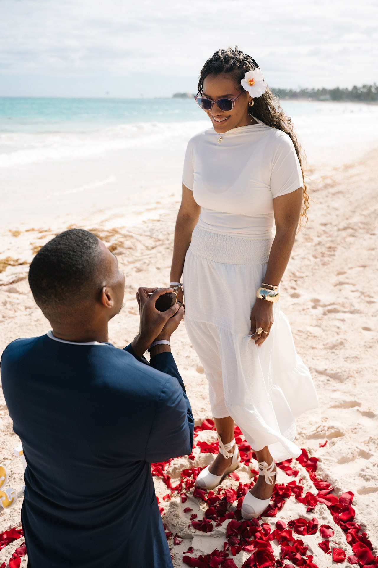 Heart made of rose petals on the sand for intimate proposal in Punta Cana