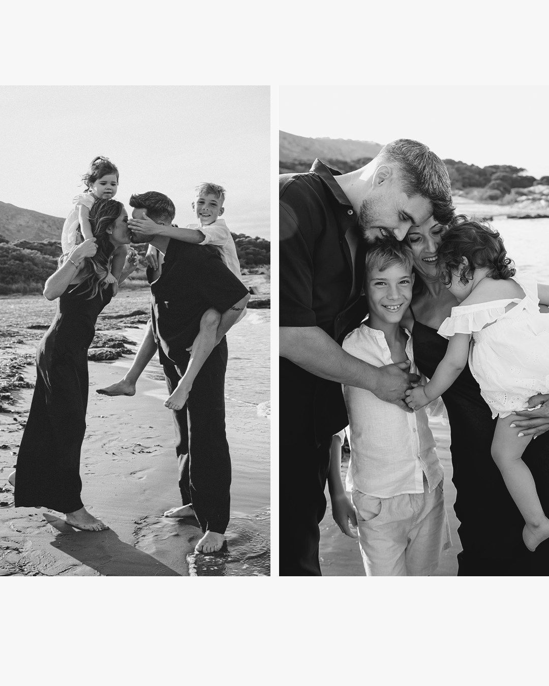 Reportaje familiar en blanco y negro de Sandra y Santos con sus hijos.