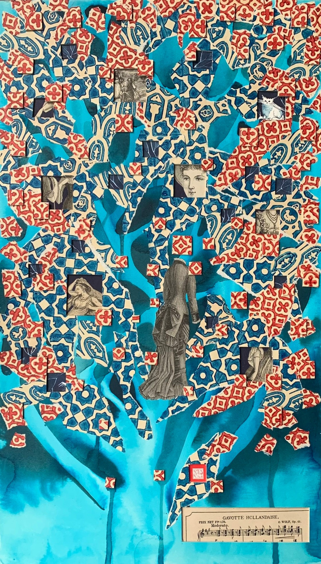 Collage artwork art collection series trees nature in red blue paperart paper handmade fashion music score chaos fashion female power energy 