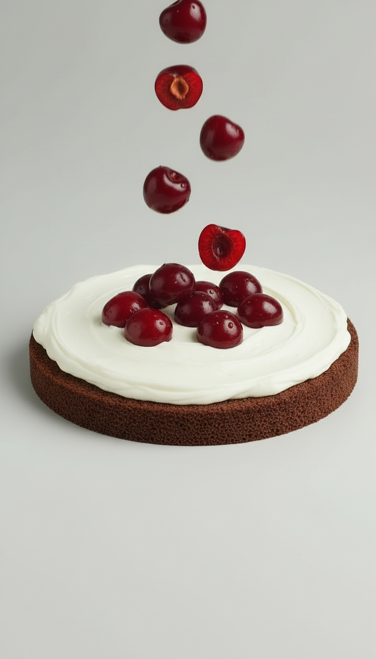 Fresh cherries falling onto chocolate cake with cream layer, minimalist studio food photography freeze motion
