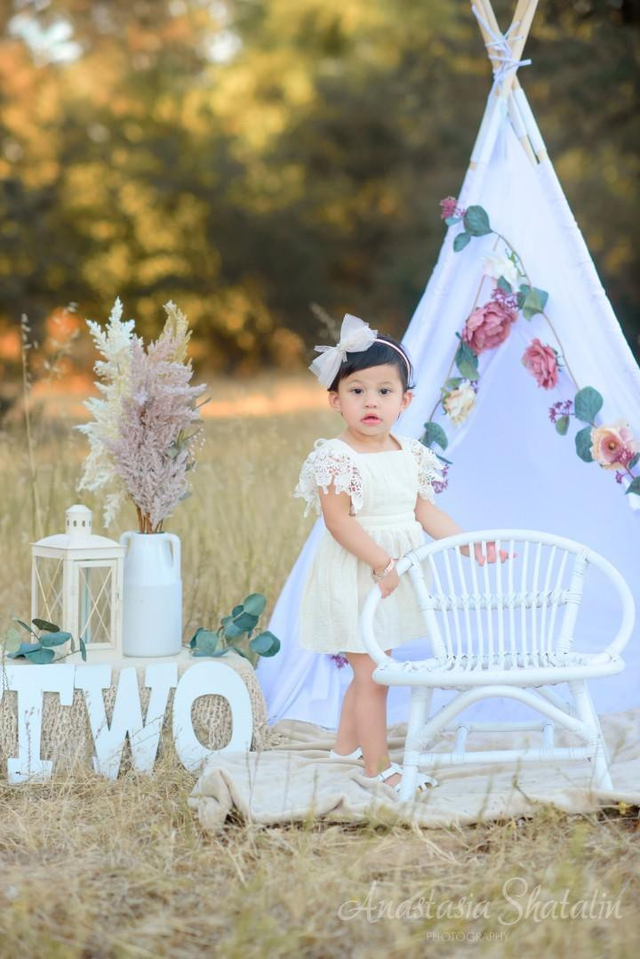 Second 2nd birthday girl photo shoot Boho. Family photographer in Roseville, Rocklin, Folsom, Sacramento