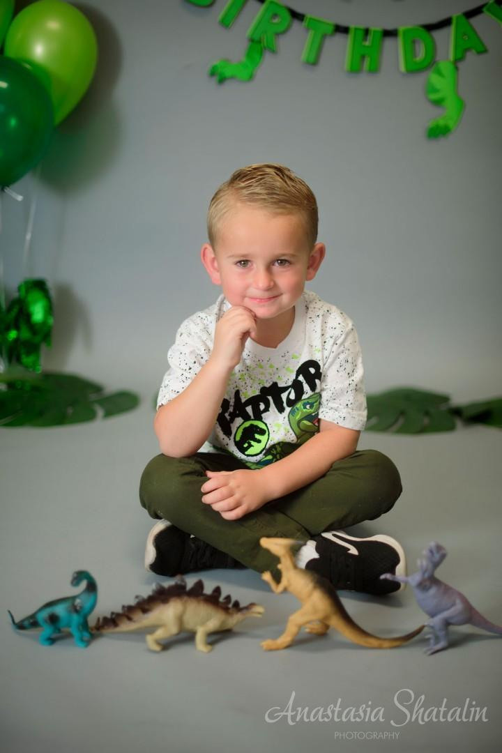 Dinosaur monster truck decorated birthday photography in Lincoln, CA. Family photographer in Roseville, Rocklin, Folsom, Sacramento