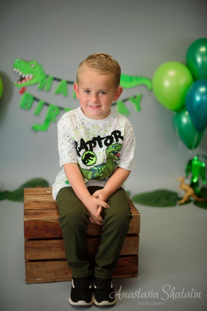 Dinosaur monster truck decorated birthday photography in Lincoln, CA. Family photographer in Roseville, Rocklin, Folsom, Sacramento