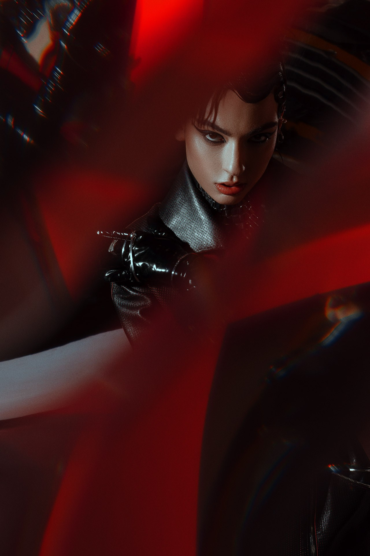 Fashion editorial portrait with red light, Milan photography