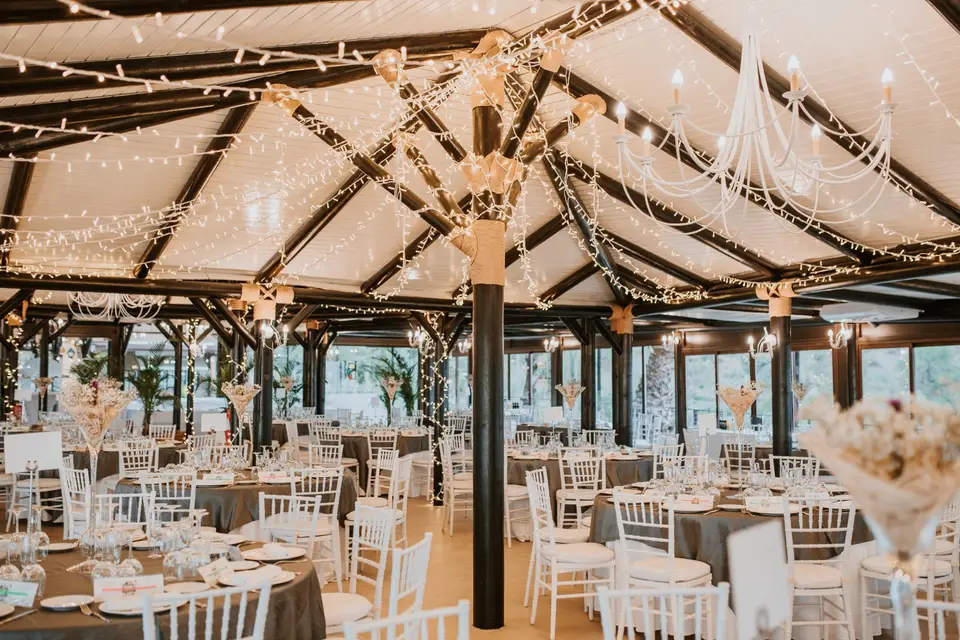wedding tables with flowers and lights