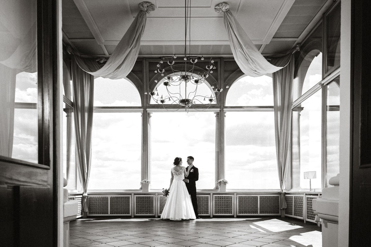 black and white photo of bride and groom