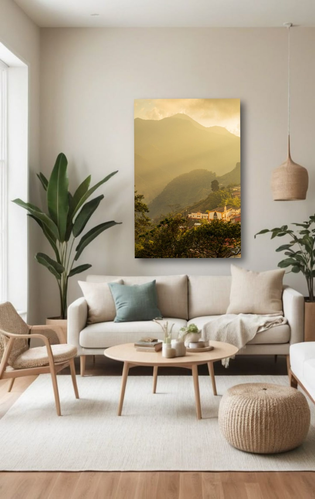 Paisaje de iglesia y montañas con tonos cálidos