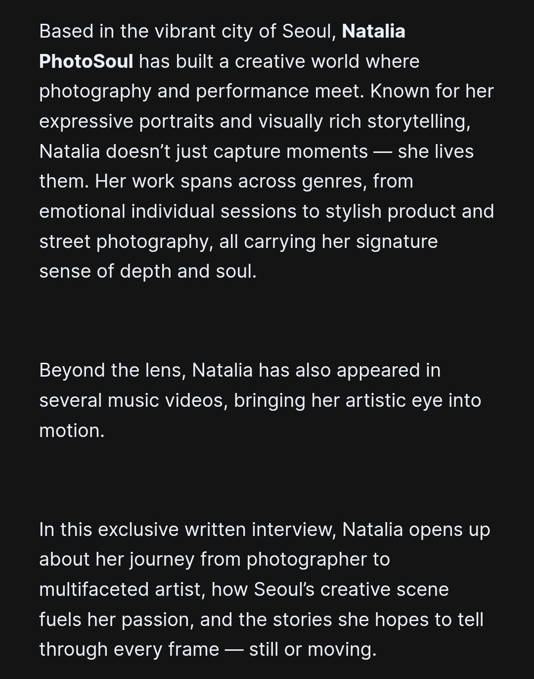 Through Her Lens: The Art and Soul of Natalia PhotoSoul!. Photographer in Seoul Dobrokvashina Natalya
