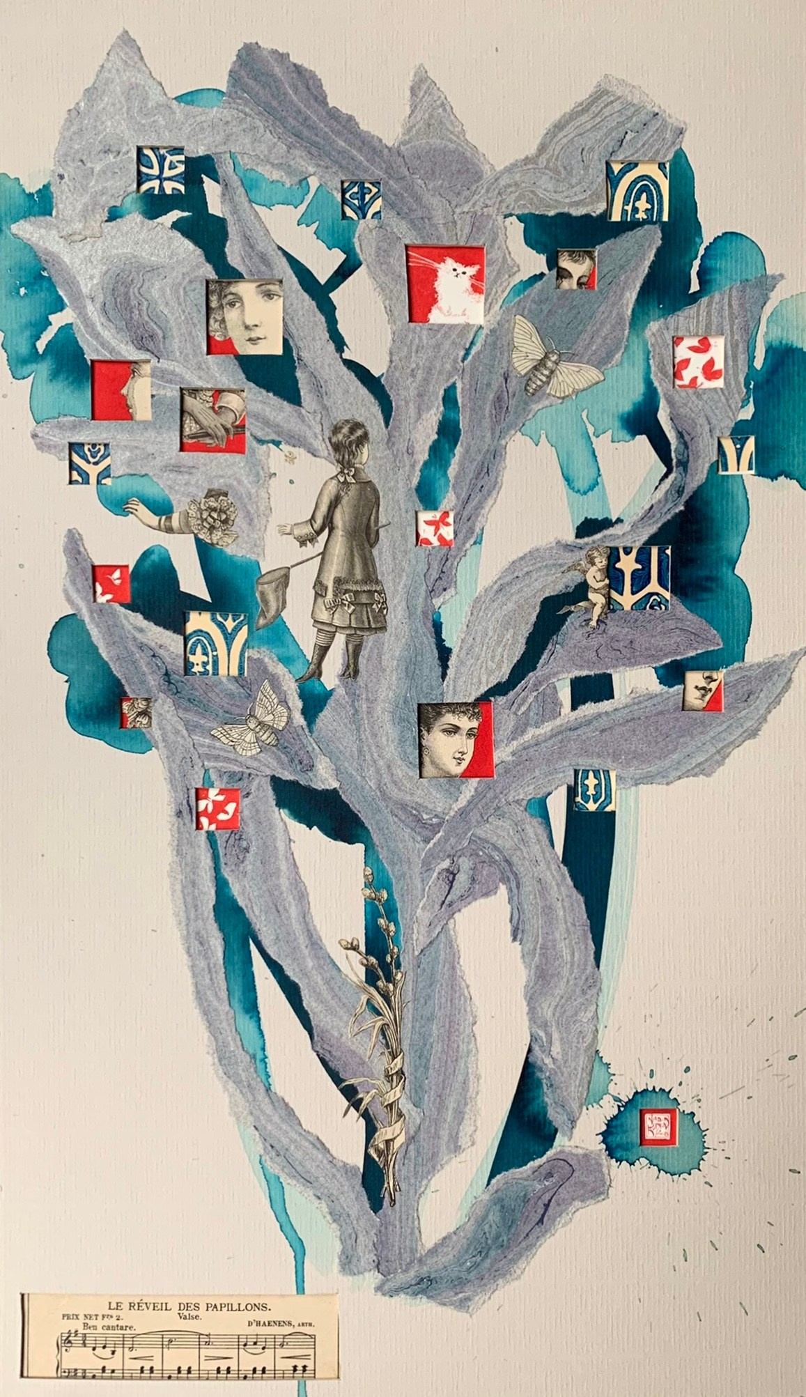 Collage artwork art collection series trees nature in red blue paperart paper handmade fashion music score Butterfly butterflies awakening spring illustration