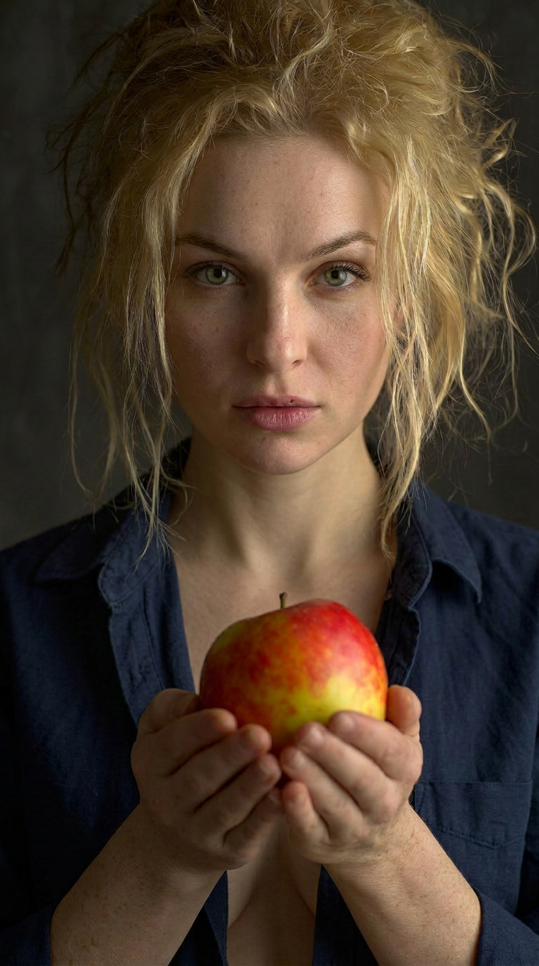 Blonde woman holding red yellow apple in hands, moody dark portrait photography with dramatic lighting, natural skin texture, minimalist studio composition, fine art style portrait