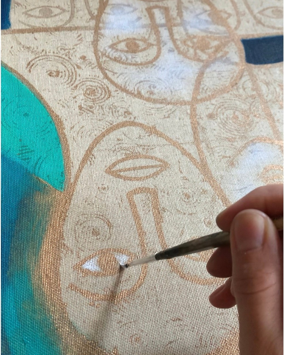 HOLY FACES (2023) is a large-scale work (117 × 160 cm) that combines conceptual rigor with refined material richness. The modular repetition of three faces, printed in linocut with golden ink, creates an intense and hypnotic choral presence. Hand stitching, oil painting, and gold leaf interventions make each section unique and unrepeatable.Exhibited three times — twice in abbeys and once in a prestigious winery — and published in a catalogue, the work represents a key piece in Nadia Kuprina’s artistic research, ideal for a collection attentive to the dialogue between contemporary art, spirituality, and craftsmanship.