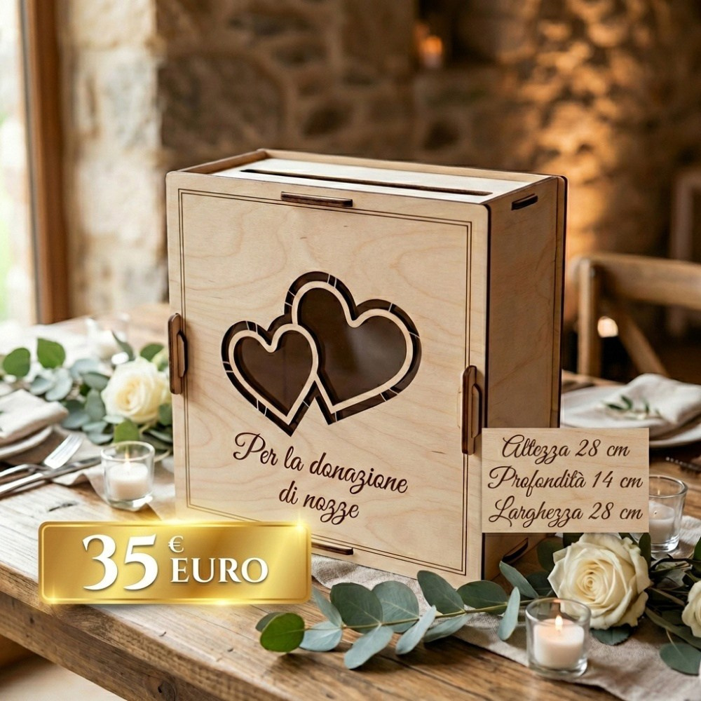 Scatola per donazioni in legno chiaro per matrimoni con due cuori intagliati e incisione laser "Per la donazione di nozze". Dimensioni 28x28x14 cm, prezzo 35 euro. Posizionata su un tavolo decorato con fiori e candele.