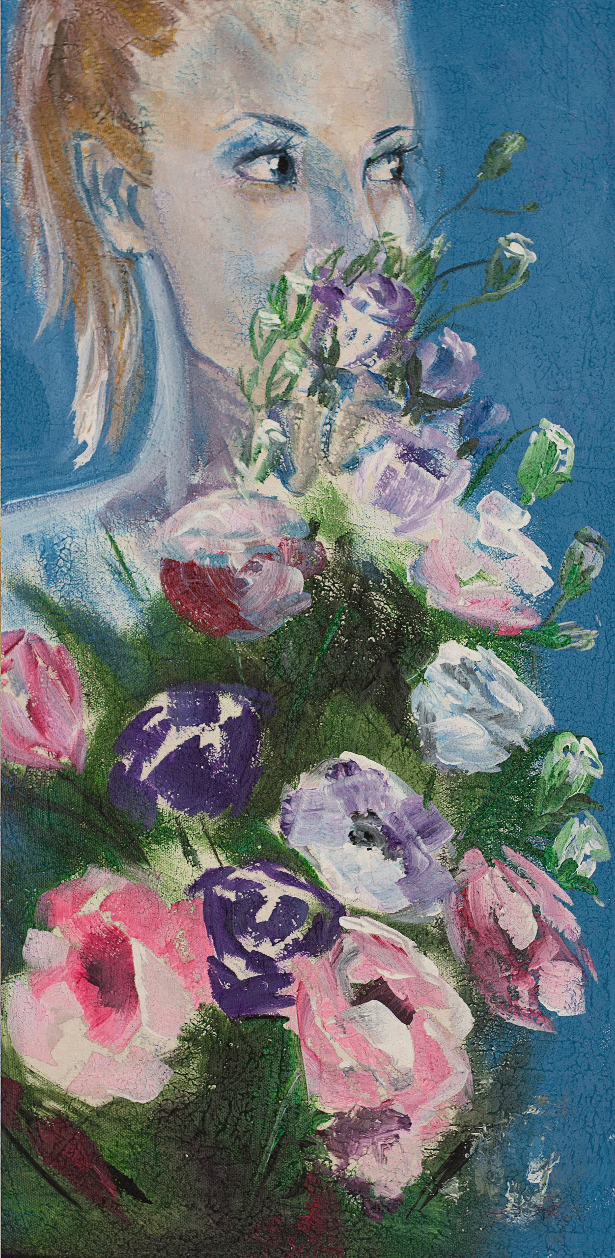 "Alina with flowers." 2018. Dubai. UAE. Canvas, acril, 30-70 cm. 500 USD, free delivery for Dubai 