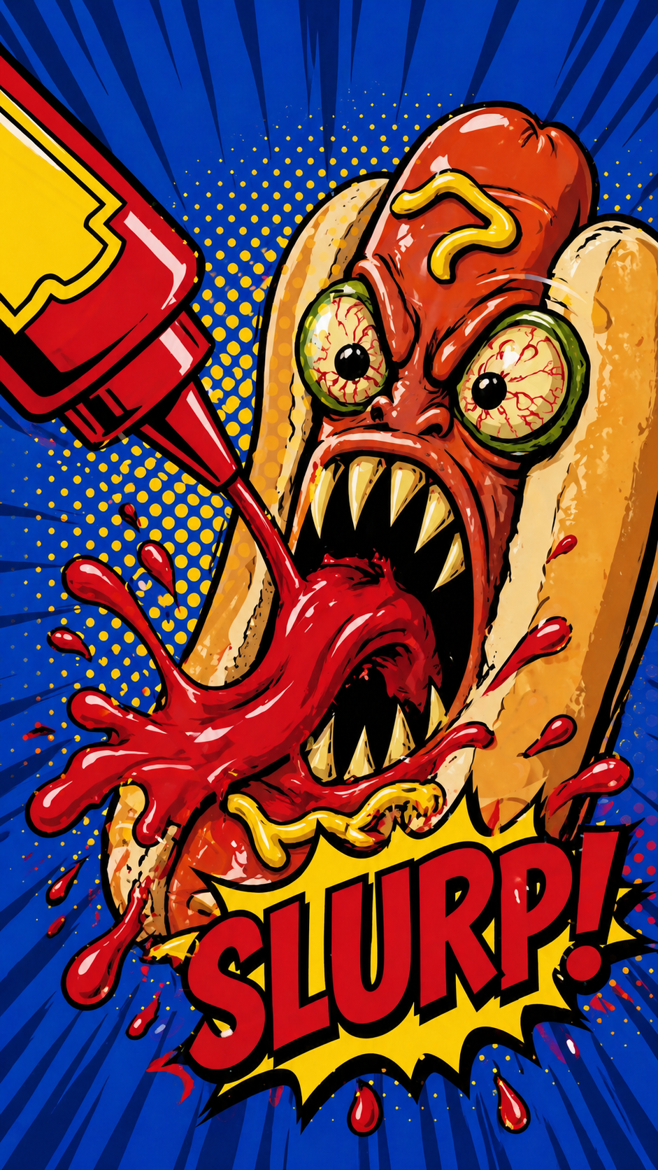 An angry hot dog with sharp teeth and crazy eyes, drenched in ketchup, with a blue background and the word "Slurp" written on it.