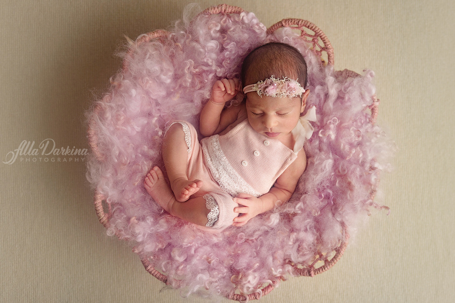 Baby girl in pink basket studio photograph.