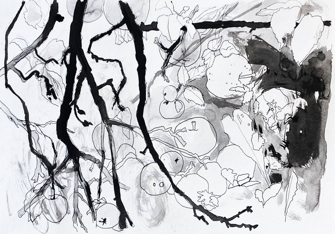 'Memory-Map', Mozyr, August 2023. 7 ink drawings 30 x 40 cm made during my trip to a place where I spent my summer holidays as a child. All the drawings were made from life in places important to my memories: on the river bank, in the garden, in ravines, in the forest. Each drawing is my portal to that place. 
