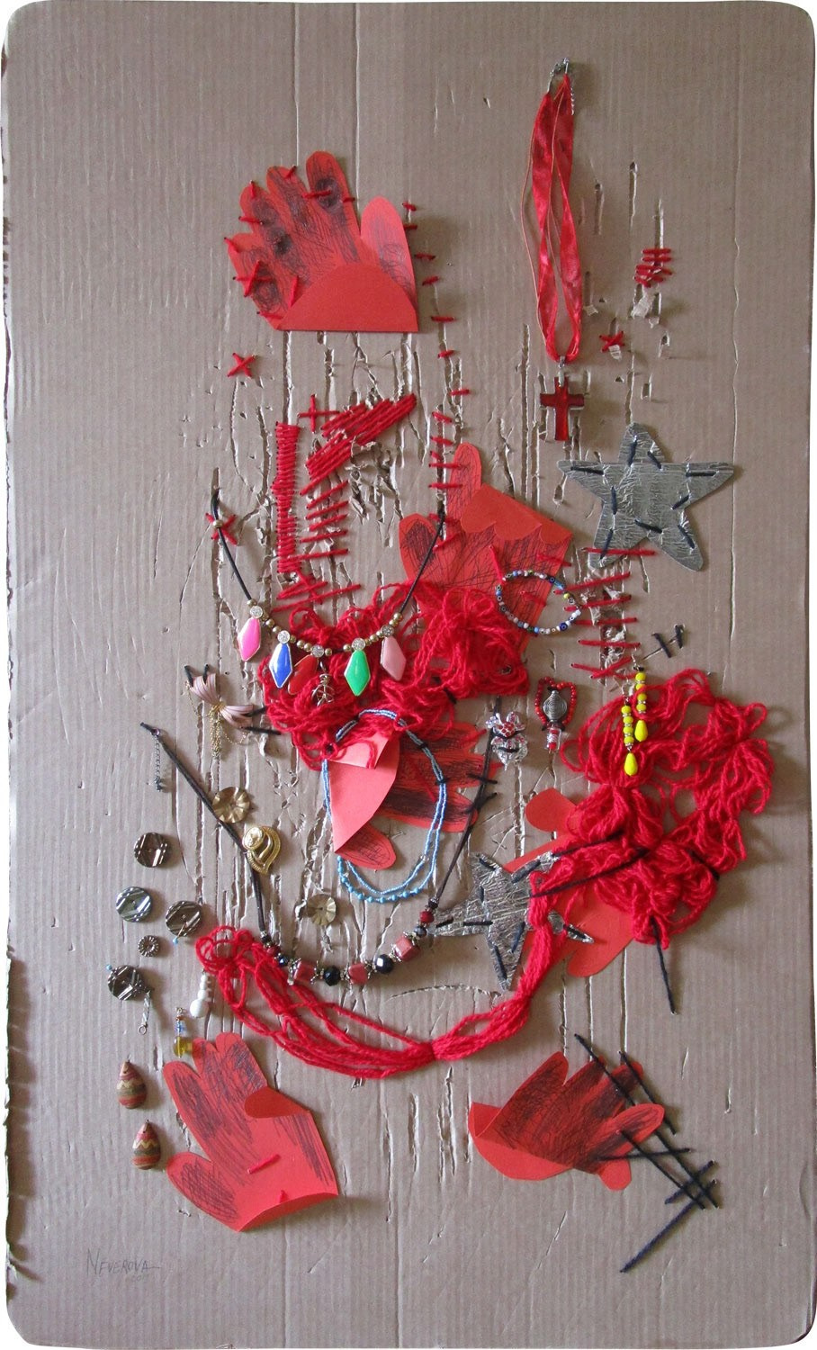 'Skin1' 100 × 60 cm (2 pieces), 46 × 63 cm (1 piece) corrugated cardboard, acrylic yarn, tempera, jewelry, paper, gel pen, ballpoint, 2018