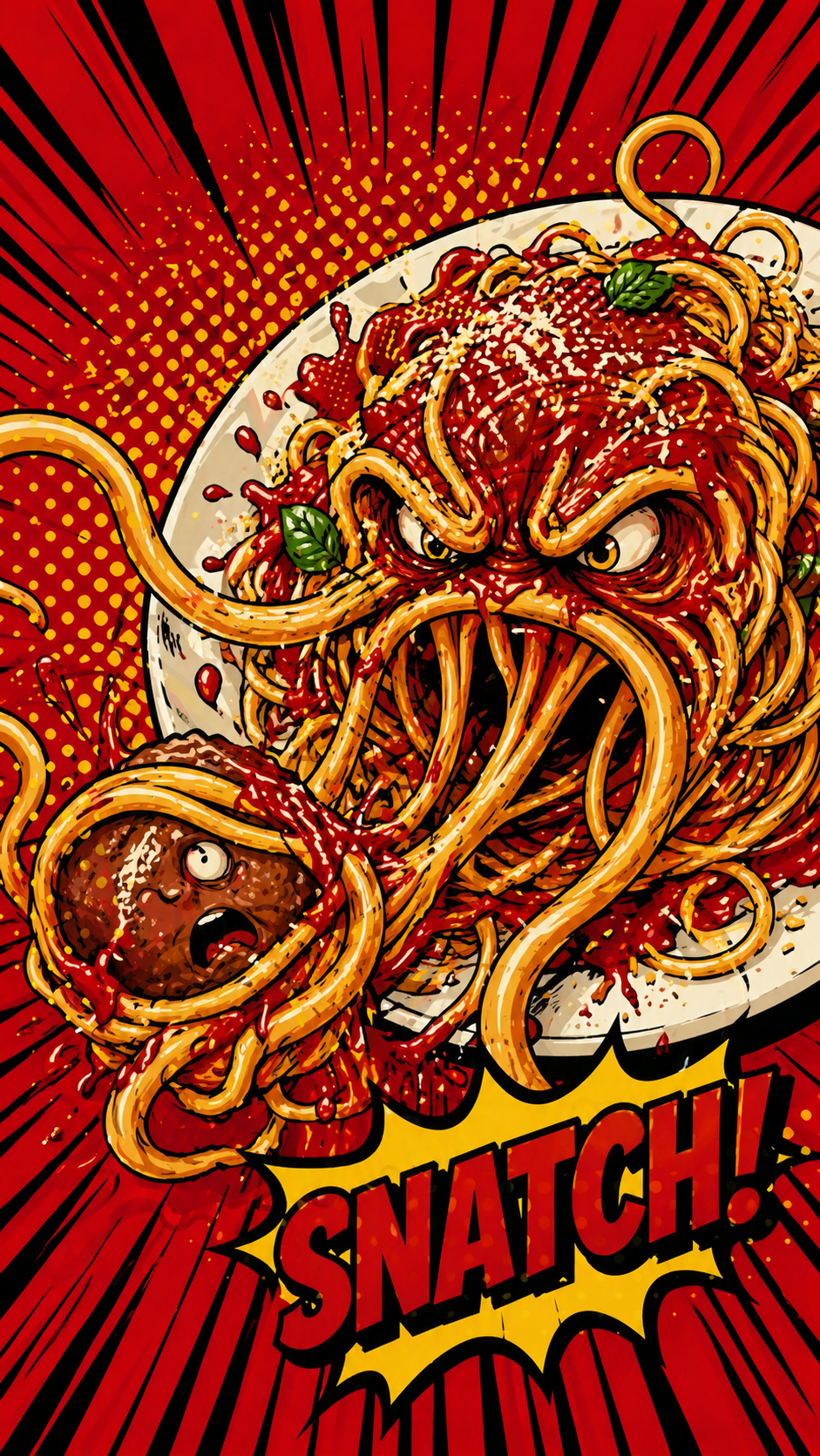 A spaghetti monster grabs a meatball with its tentacles, red background with black action lines, pop art style.