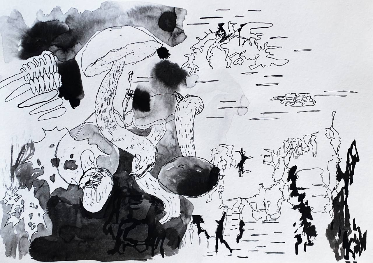 'Memory-Map', Mozyr, August 2023. 7 ink drawings 30 x 40 cm made during my trip to a place where I spent my summer holidays as a child. All the drawings were made from life in places important to my memories: on the river bank, in the garden, in ravines, in the forest. Each drawing is my portal to that place. 