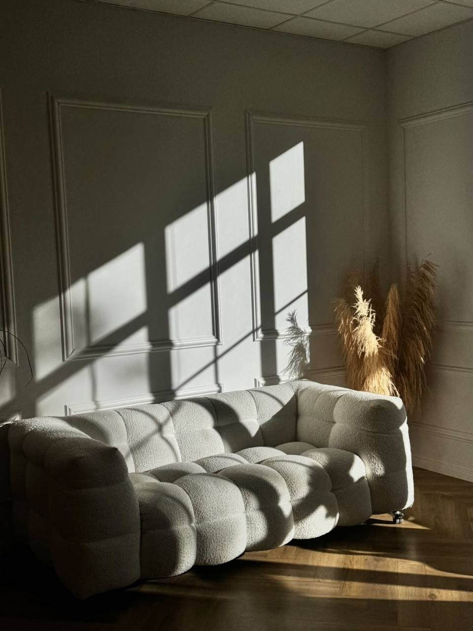 Minimālistisks fotostudijas interjers ar pelēku fona sienu