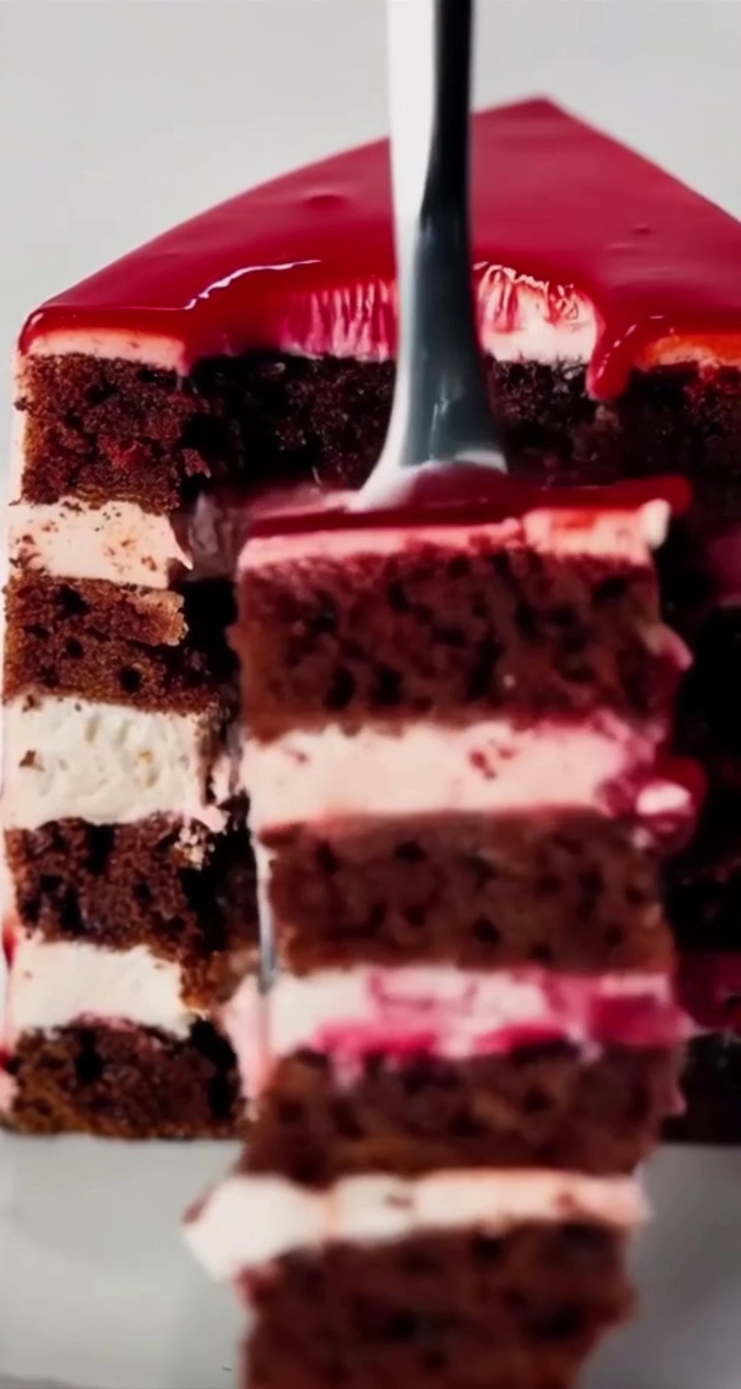 Chocolate cherry layer cake with glossy red mirror glaze and fork lifting a slice, minimalist studio food photography macro