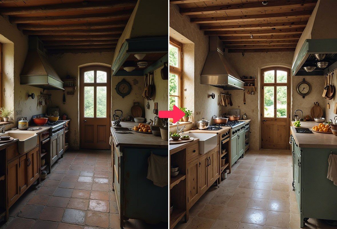 Before and after rustic kitchen photo retouching with natural light enhancement and white balance correction.