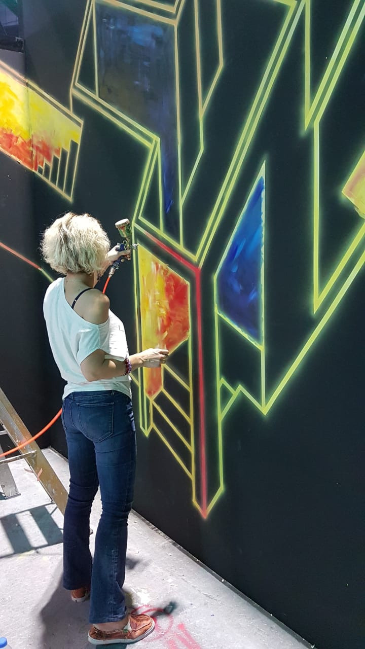 Wallpainting for  Phobia Dubai Escape Games stand on INDEX Exibition. Dubai. 2019. Artistic design: Kathrin Kovshova. Artist  team:  Kathrin  Kovshova, Katya Kudrya.