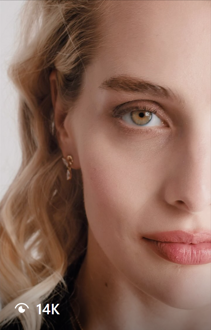 Close-up of Sabina Kravchenko wearing elegant earrings, showcasing timeless beauty and sophistication for a Mavie jewelry campaign.